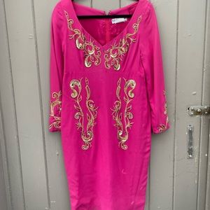 Isabelle Allard Paris Magenta Dress Gold Bead Botanical Paisley Applique